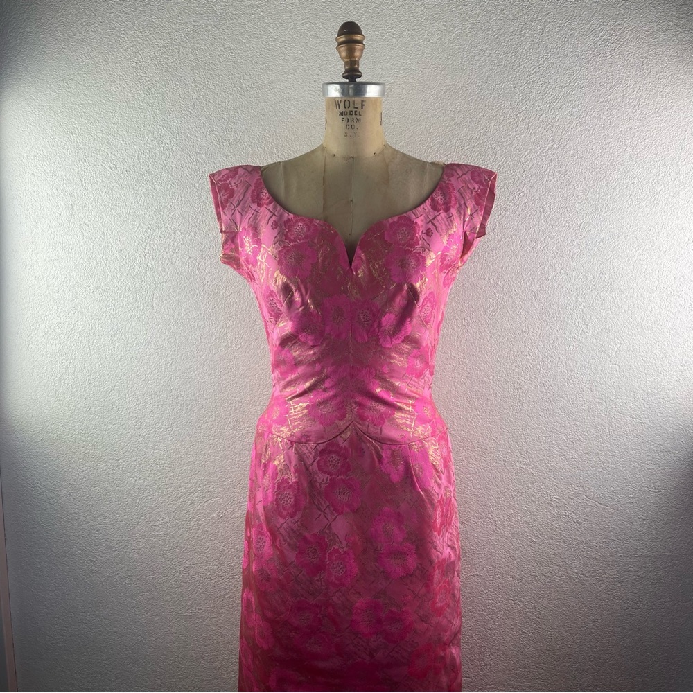 Vintage l 50s M Elis Porter Silk Gold Lame Pinup Bombshell Glamour Wiggle Dress